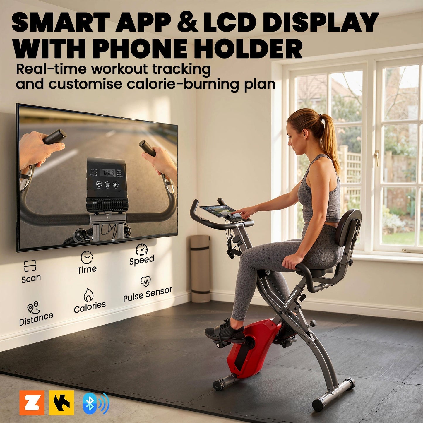 SPORTNOW 3-In-1 Folding Exercise Bike with Resistance Bands, Bluetooth App, 8-Level Magnetic Resistance, LCD Display, Red