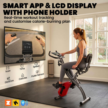 SPORTNOW 3-In-1 Folding Exercise Bike with Resistance Bands, Bluetooth App, 8-Level Magnetic Resistance, LCD Display, Red