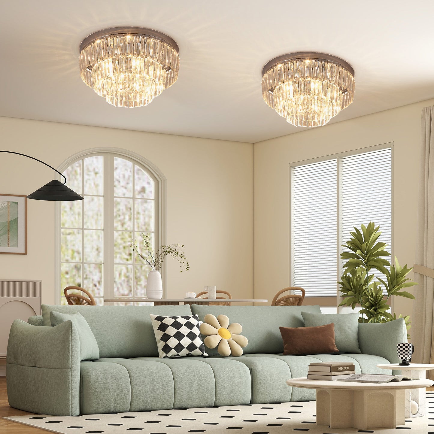 HOMCOM Set of 2 Modern Crystal Ceiling Lights, Chandeliers, Pendant Lamps w/ 7 Lights, E14 Fittings for Living Room, Bedroom, Silver