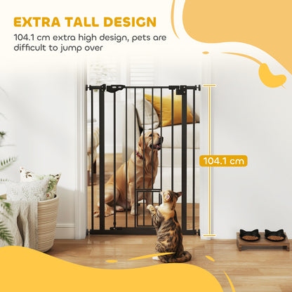 PawHut Extra Tall Pet Gate, Indoor Dog Safety Gate, with Cat Flap, Auto Close, 74-80cm Wide - Black