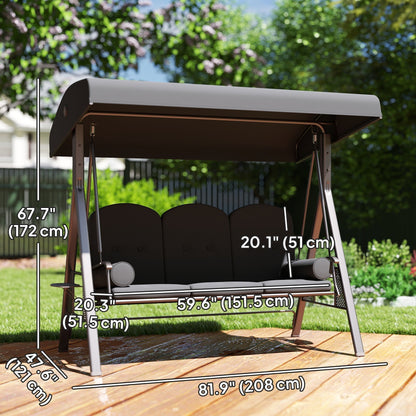 Outsunny 3 Seater Garden Swing Chair Outdoor Hammock Bench w/ Adjustable Canopy, Cushions and Cup Trays, Brown Steel Frame, Dark Grey Fabric