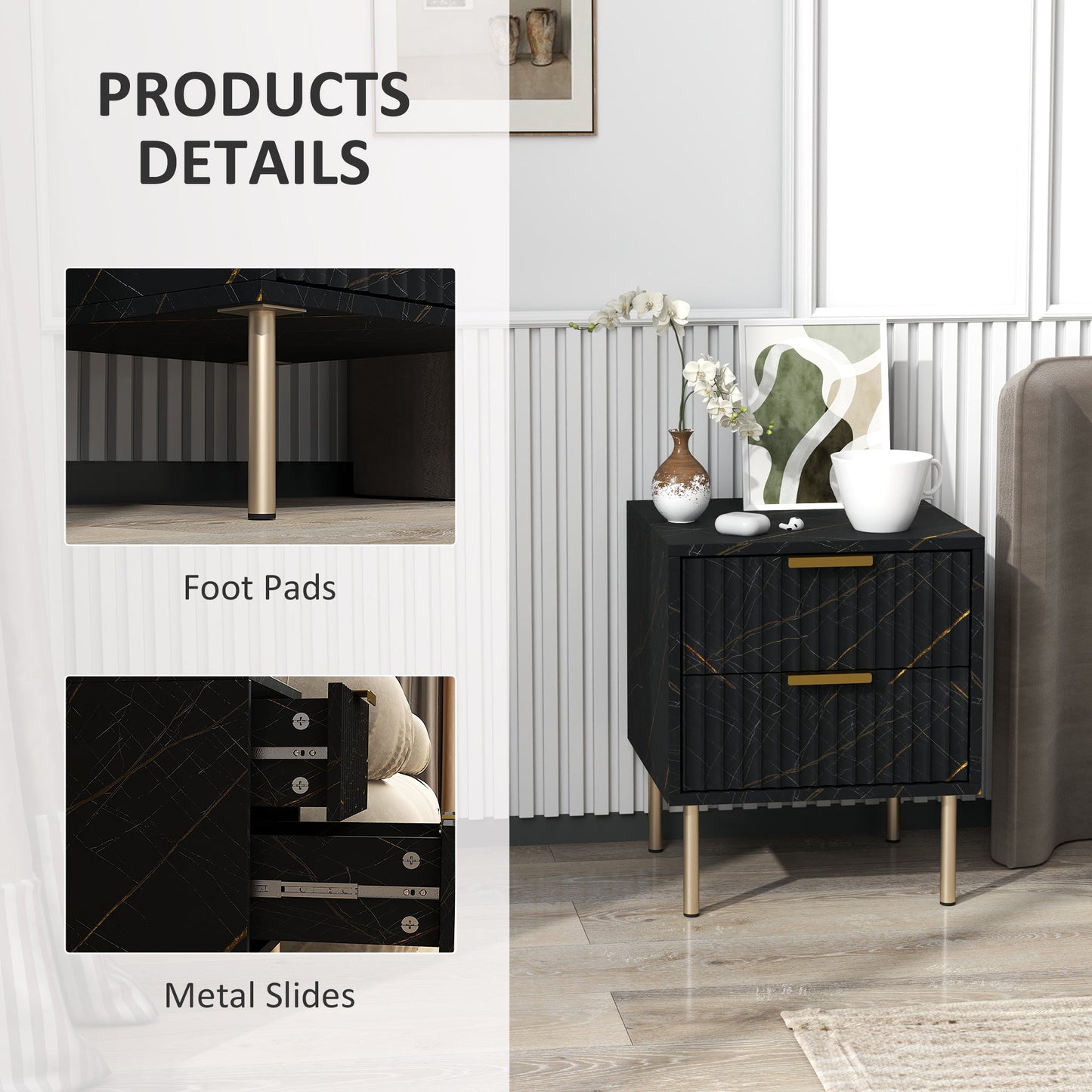 HOMCOM Sideboard, Accent Cabinet with Marble Effect, Adjustable Shelf, Fluted Doors and Drawers, Black