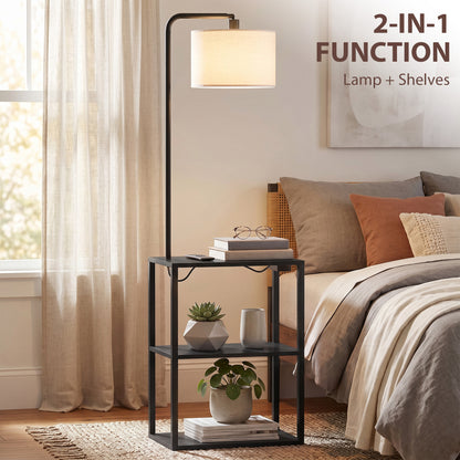 HOMCOM Dimmable Floor Lamp with Shelves, Charging Station, 3-Tier Storage Table, Adjustable Fabric Lampshade, Black