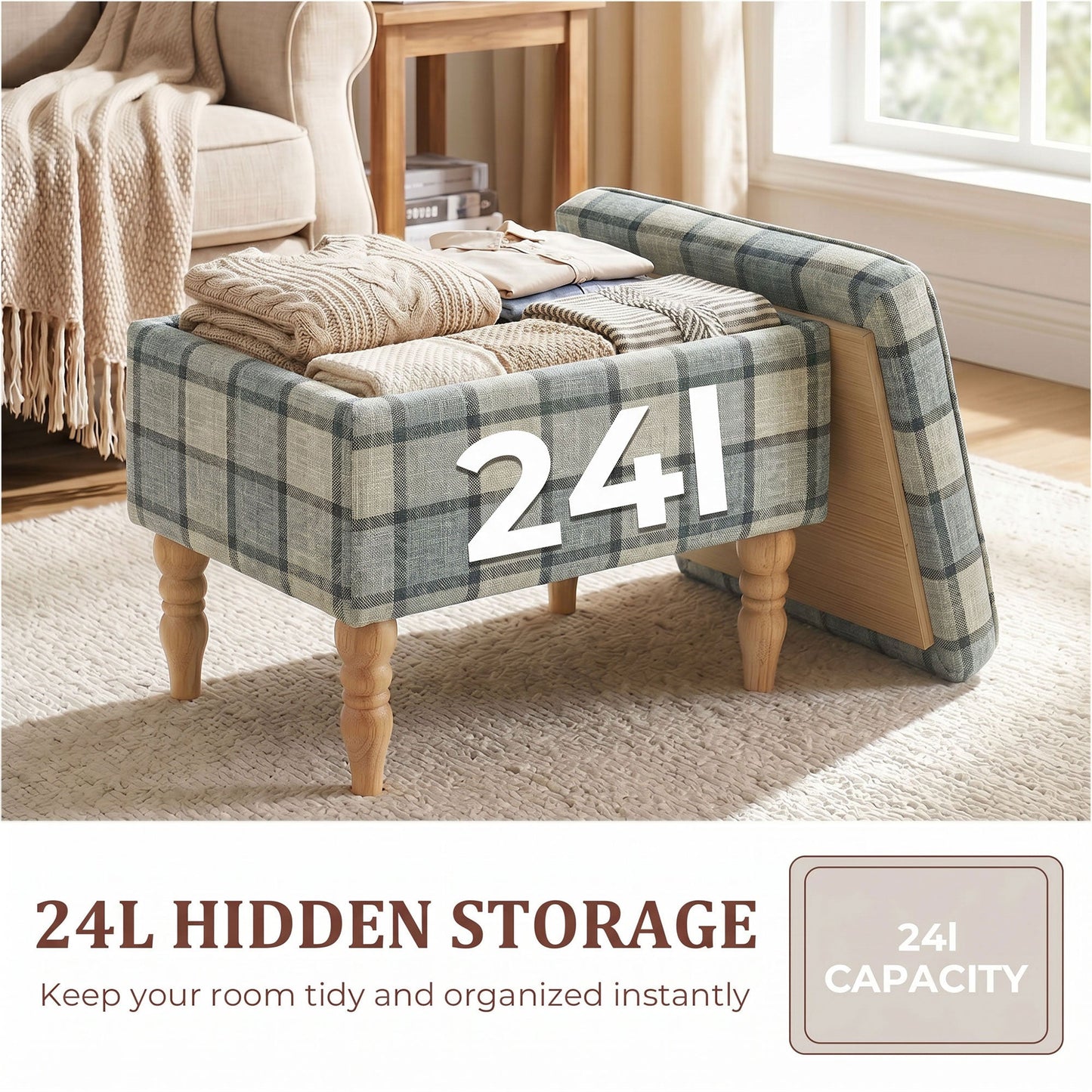 HOMCOM Linen Fabric Upholstered Footstool, Rectangular Storage Stool with Removable Top, Padded Seat and Hidden Space, Grey