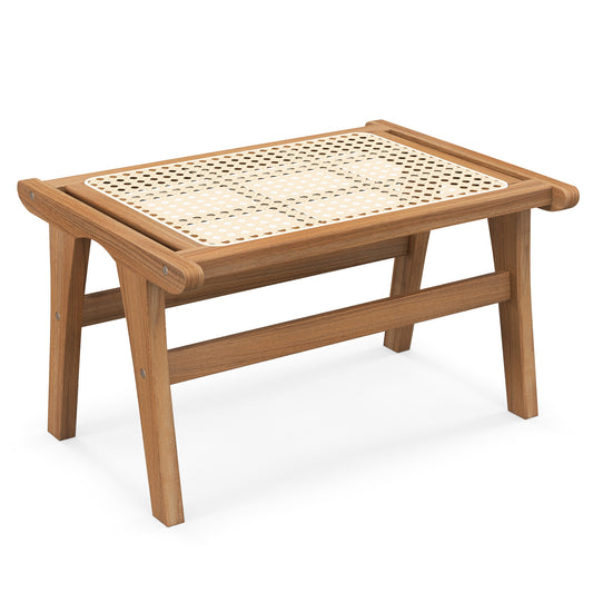 Ottoman Footstool Natural Teak Wooden Foot Rest with a woven cane seat and angled wooden legs