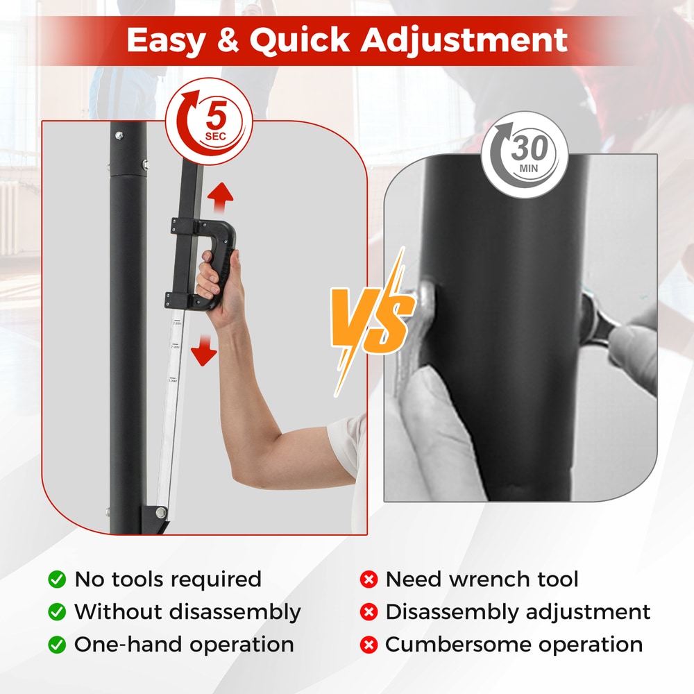 The basketball hoop height adjustment handle compared to a manual wrench adjustment method