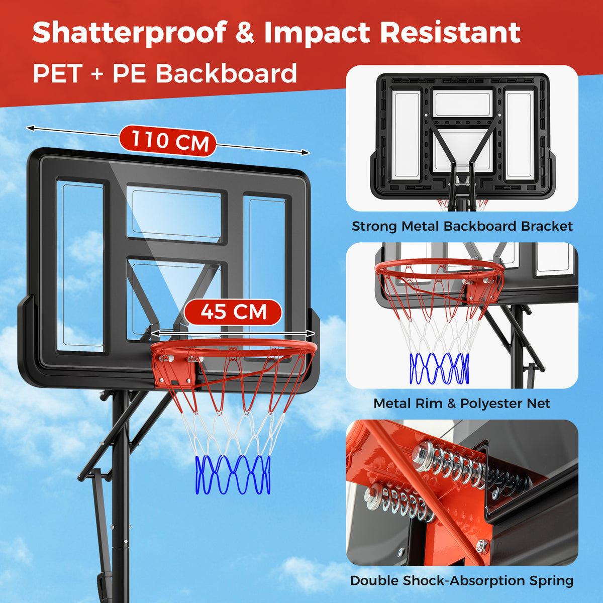 The basketball hoop backboard and rim with close-up details of the metal bracket and springs