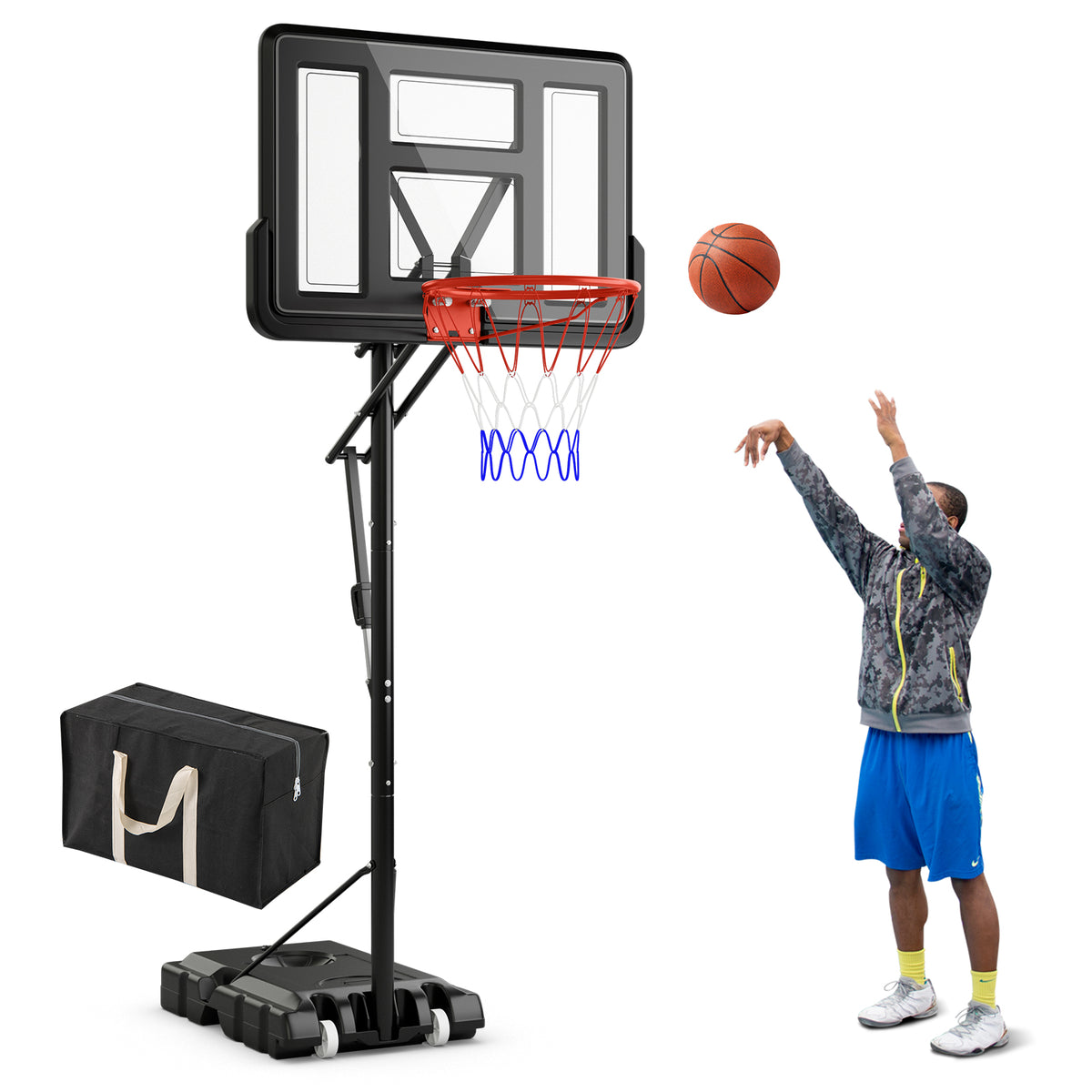 The basketball hoop system with a black base and a person shooting a ball towards the red rim
