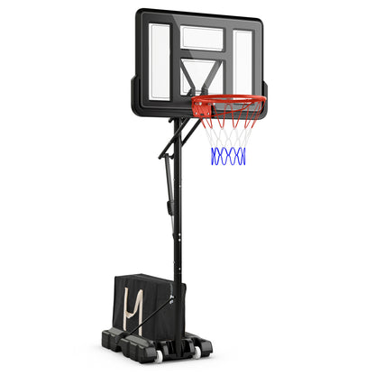 Outdoor Basketball Hoop System with a black base and a red rim with a white and blue net