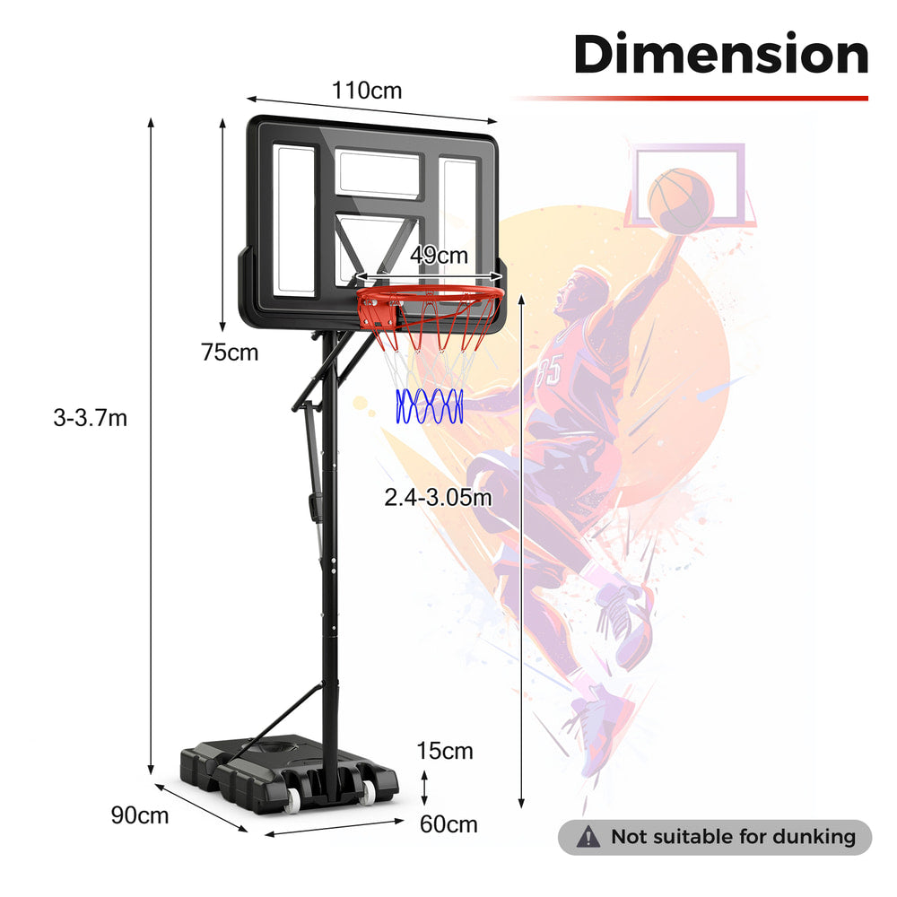 The basketball hoop system shown with technical lines indicating the height and width dimensions