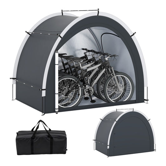 Outdoor Bike Cover Bicycle Tent with Water-proof Silver-coated Fabric showing the tent with bikes inside and a carry bag