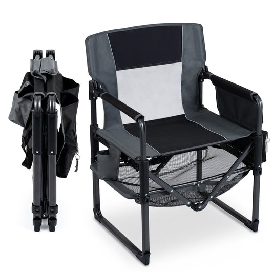 Outdoor Camping Chair with Cup Holder and Side Pocket shown folded and fully assembled