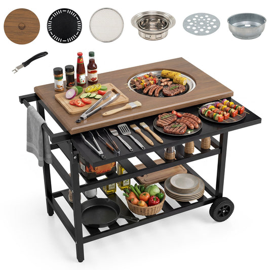Outdoor Dining Cart with Korean BBQ Grill for Backyard with all components and food displayed