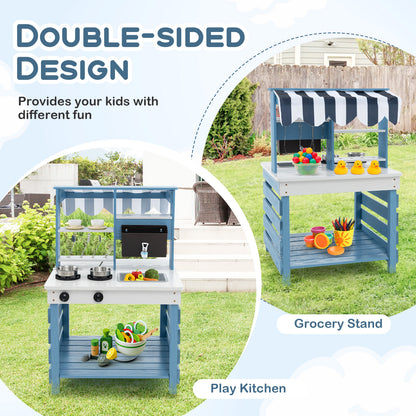 The play kitchen set demonstrating the double-sided design as a kitchen and grocery stand