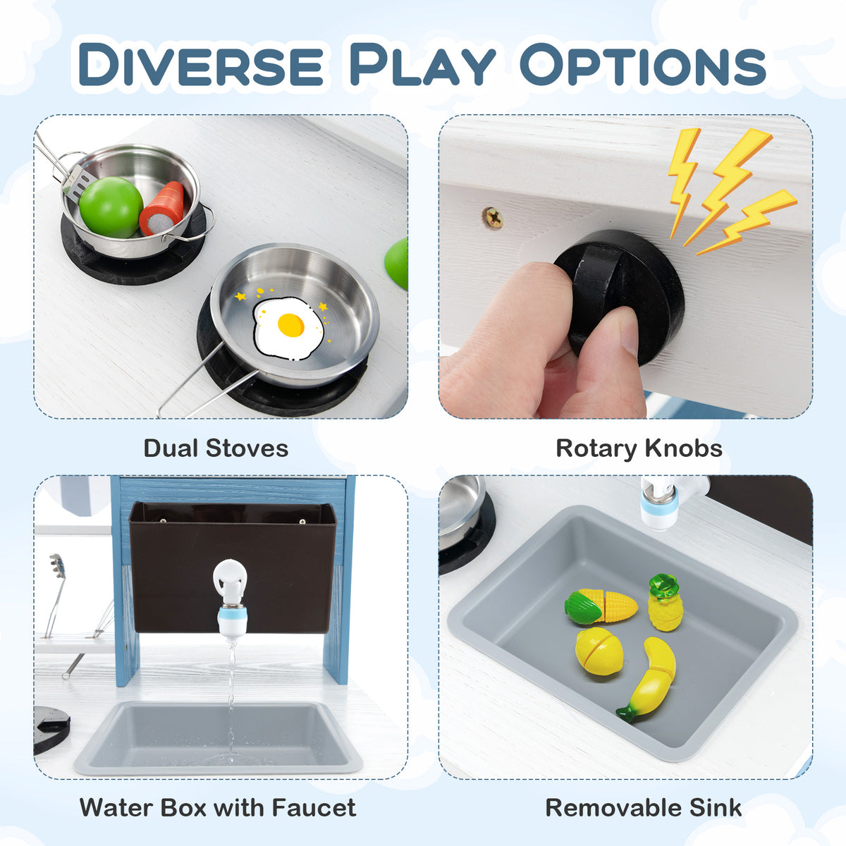 The play kitchen set showing the stove, knobs, water tap and sink features
