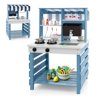 Outdoor Double-Sided Mud Kitchen for Kids-Blue & White with accessories and striped canopy