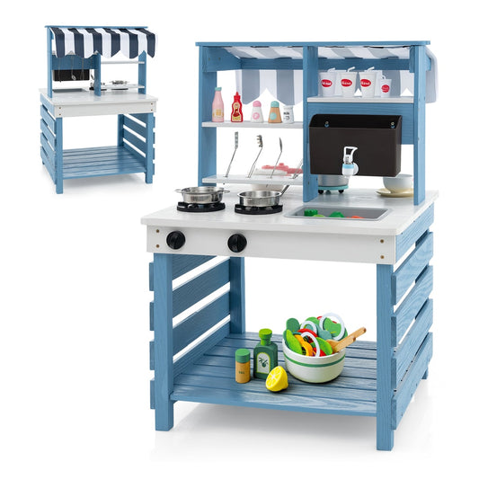 Outdoor Double-Sided Mud Kitchen for Kids-Blue & White with accessories and striped canopy