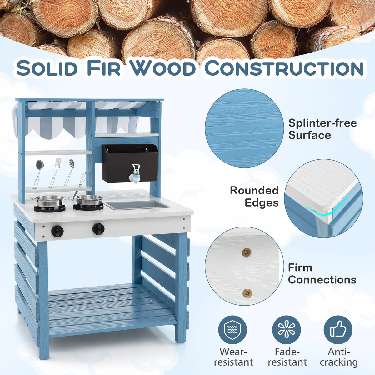 The play kitchen set highlighting the wood construction and smooth surface details