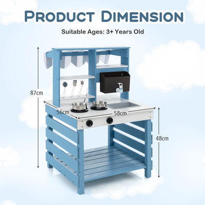 The play kitchen set shown with height and width dimensions marked by arrows