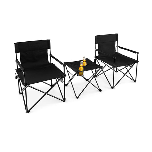 Outdoor Folding Camping Chairs and Table Set in black, showing two chairs and a small table
