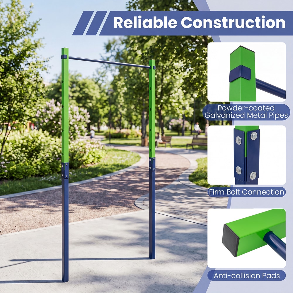 Close up details of the outdoor in-ground pull up bar station construction