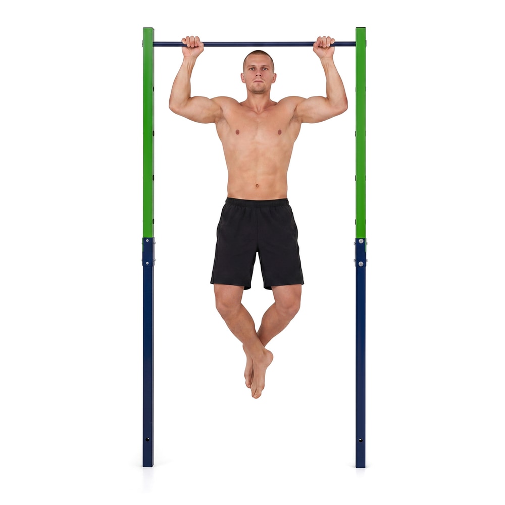 The heavy duty metal pull up bar station with a man hanging from it