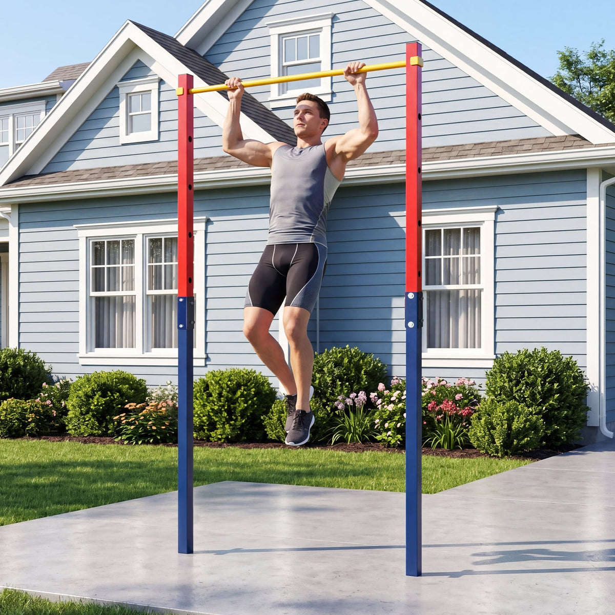 Man doing pull ups on the red and blue outdoor pull up bar station in a garden setting
