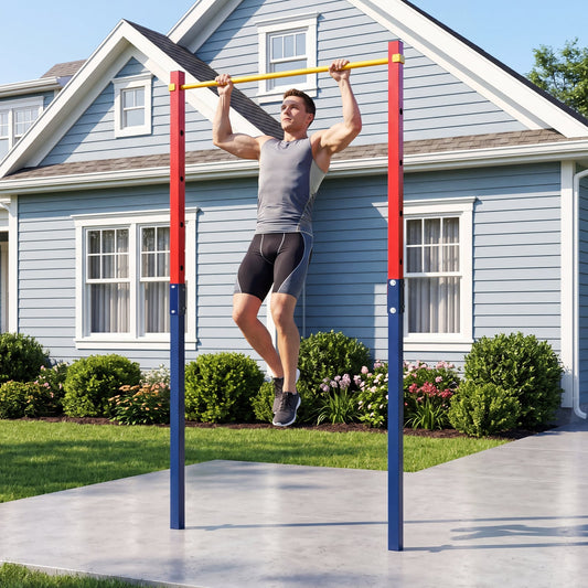 Man doing pull ups on the red and blue outdoor pull up bar station in a garden setting