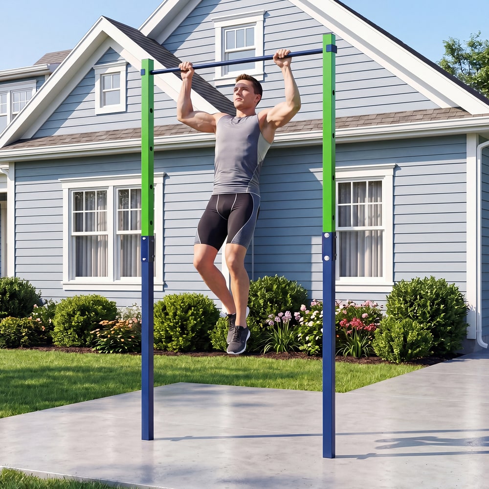 A man doing pull ups on the outdoor in-ground pull up bar station