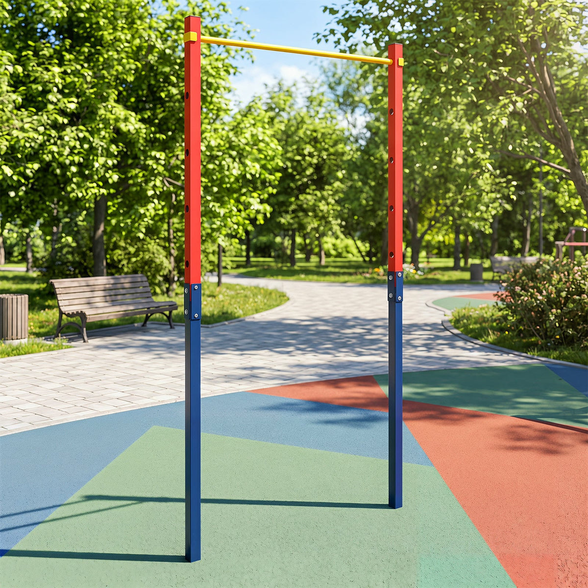 The red and blue outdoor pull up bar station set up in a park with trees and benches
