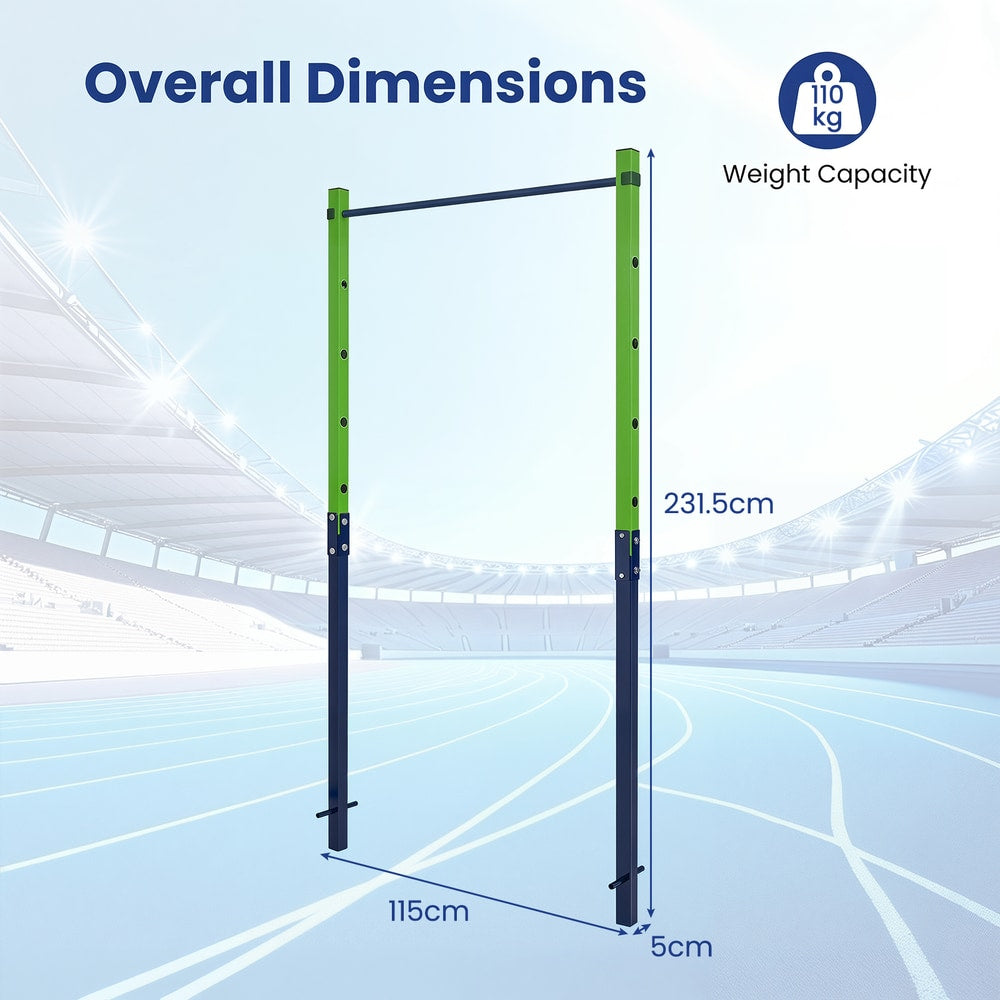 Dimensions diagram for the outdoor in-ground pull up bar station