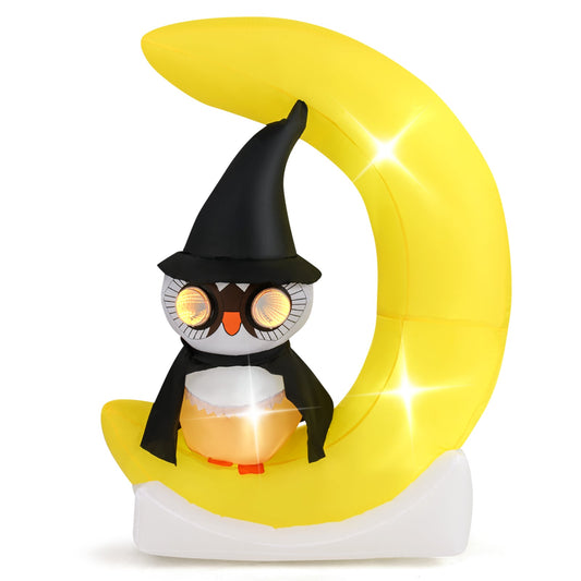 Outdoor Inflatable Halloween Decoration with LED Lights and Stakes, a cute owl wearing a witch hat sits on a crescent moon