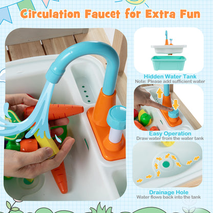 The wooden play kitchen set demonstrating the water circulation faucet and drainage system