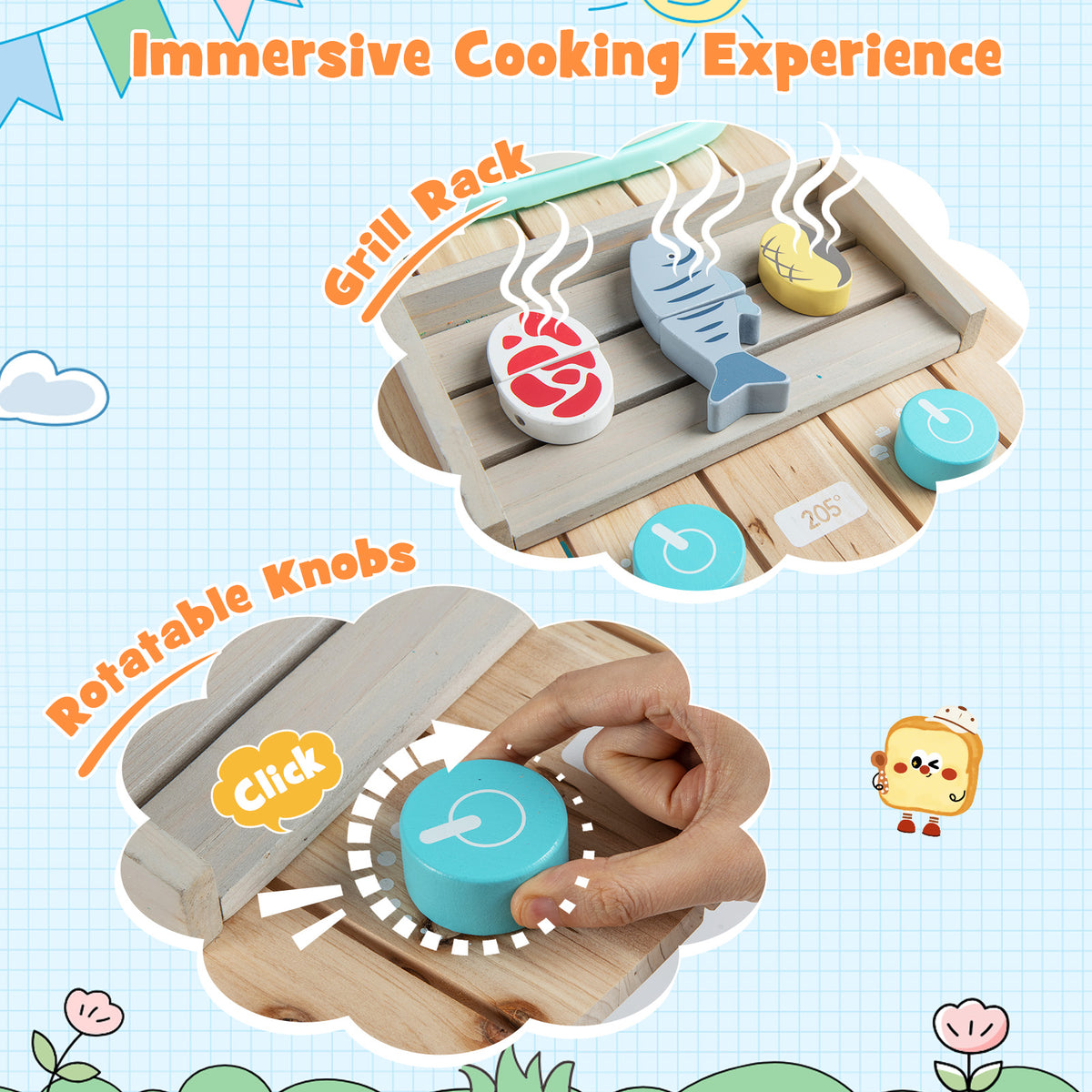 Close-up details of the wooden play kitchen set showing the grill rack and rotatable knobs