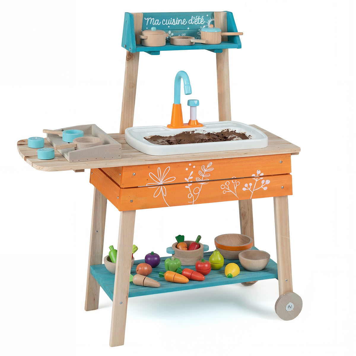 Outdoor Kids Play Kitchen Set with wooden frame, removable sink, and various toy food accessories