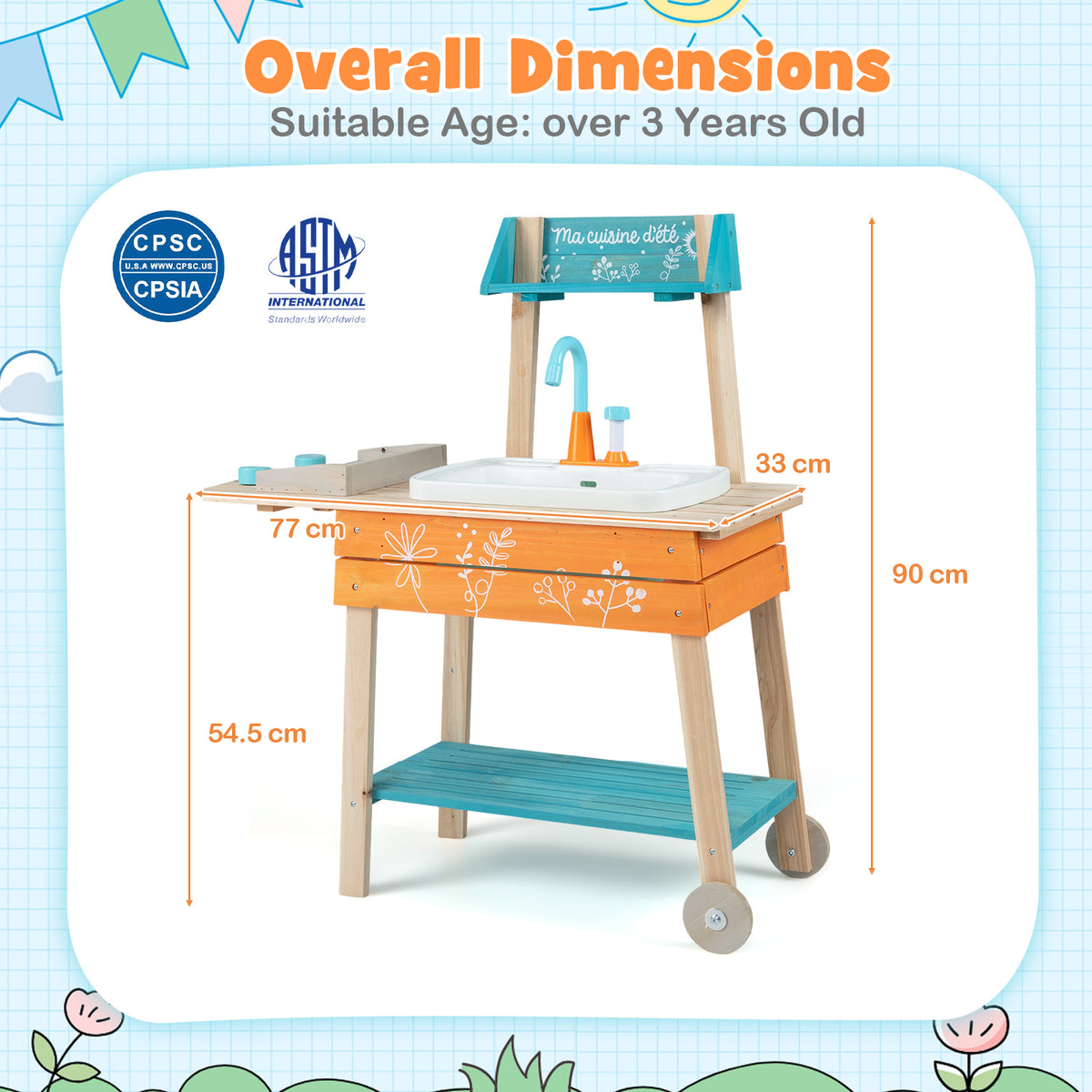 The wooden play kitchen set shown with arrows and labels indicating its overall dimensions