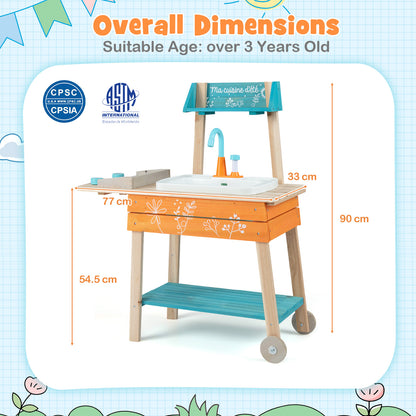 The wooden play kitchen set shown with arrows and labels indicating its overall dimensions
