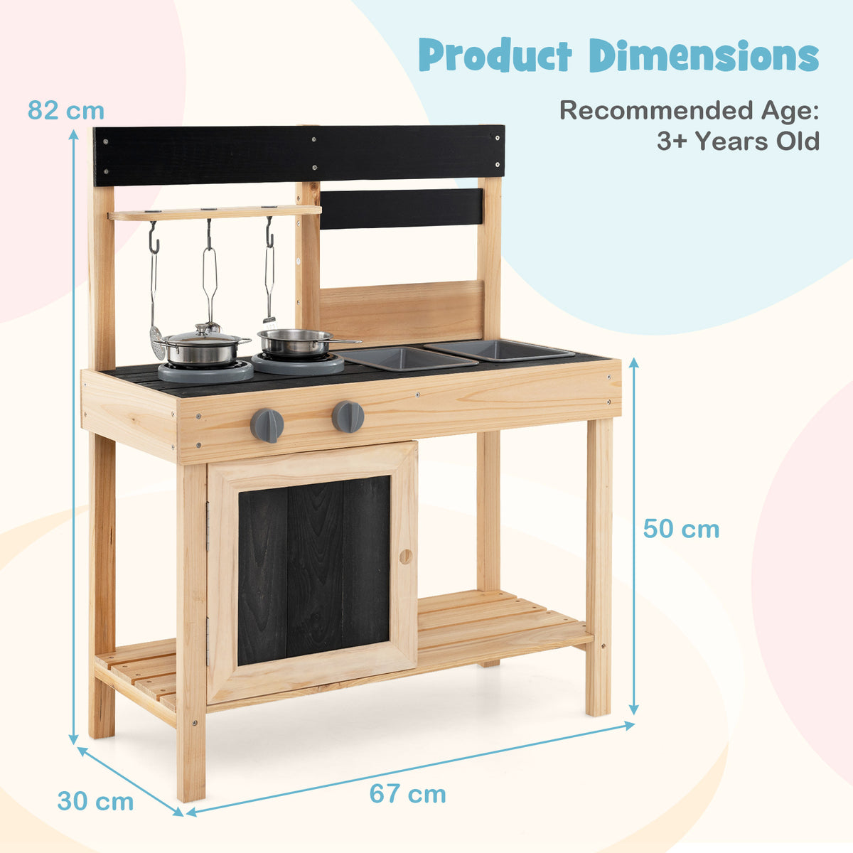 The play kitchen set showing height and width measurements on a graphic background