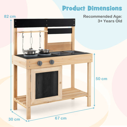 The play kitchen set showing height and width measurements on a graphic background