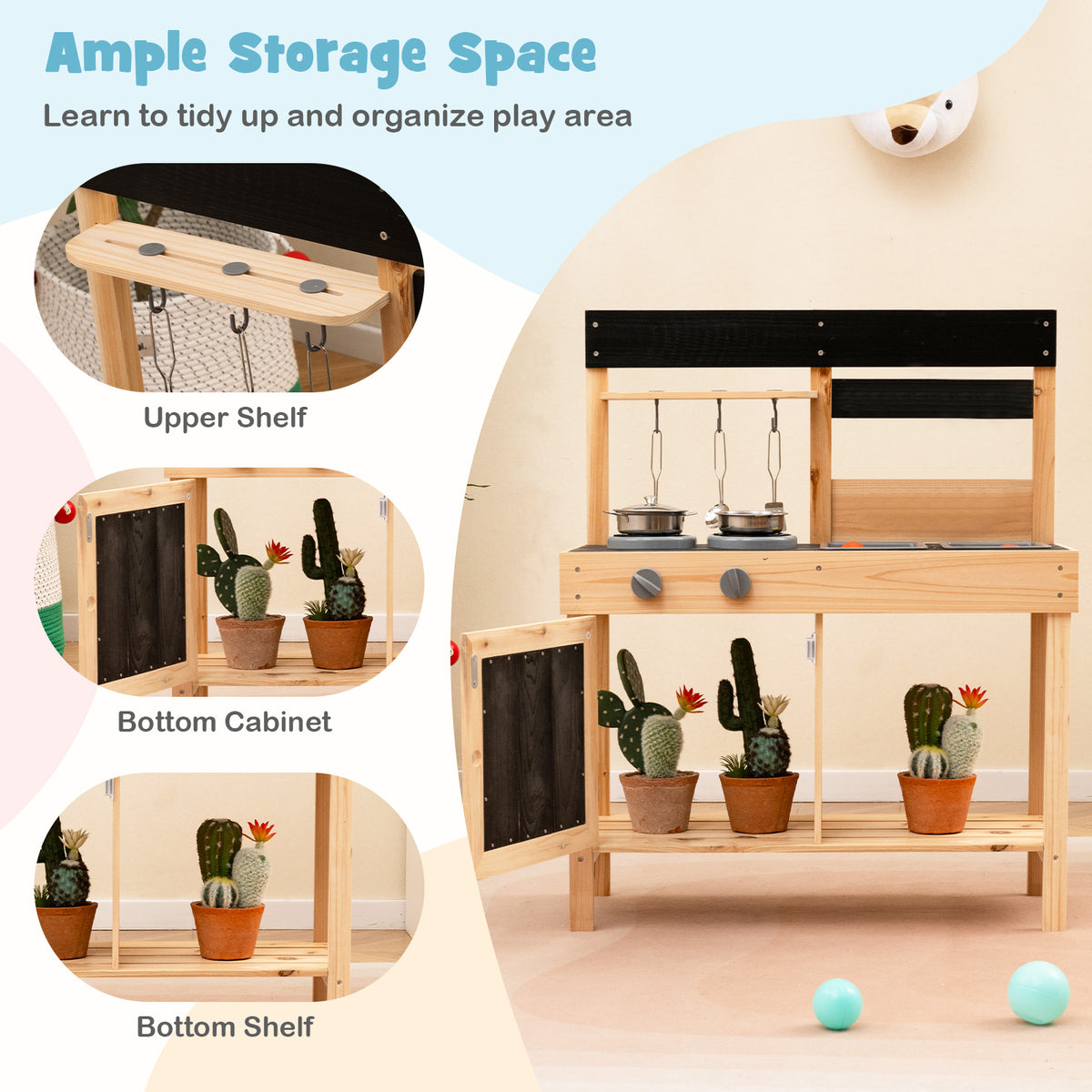 The play kitchen set highlighting storage areas like the cabinet and shelves