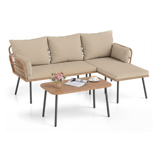Outdoor L Shape Sofa Set with a coffee table featuring beige cushions on a white background