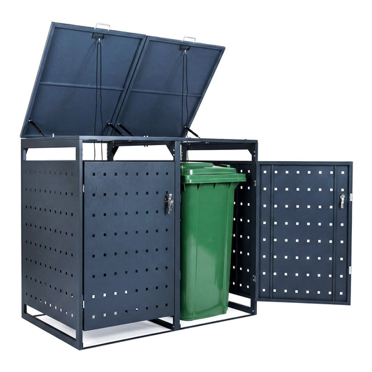 Outdoor Metal Garbage Bin Storage Shed with two compartments and one green bin inside