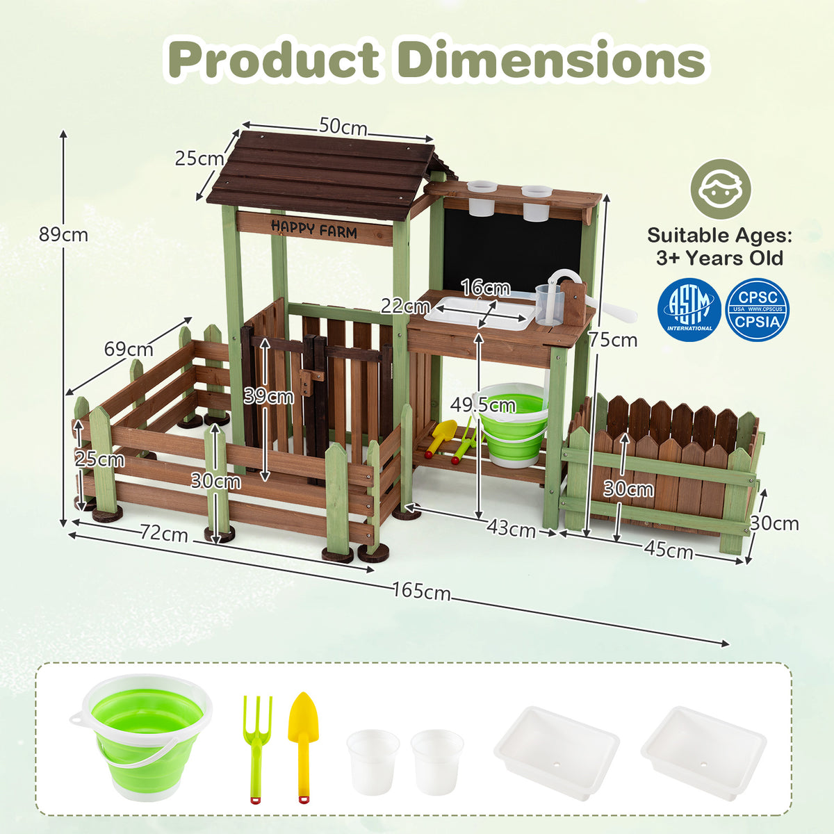 Product dimensions diagram for the outdoor mud farm playset