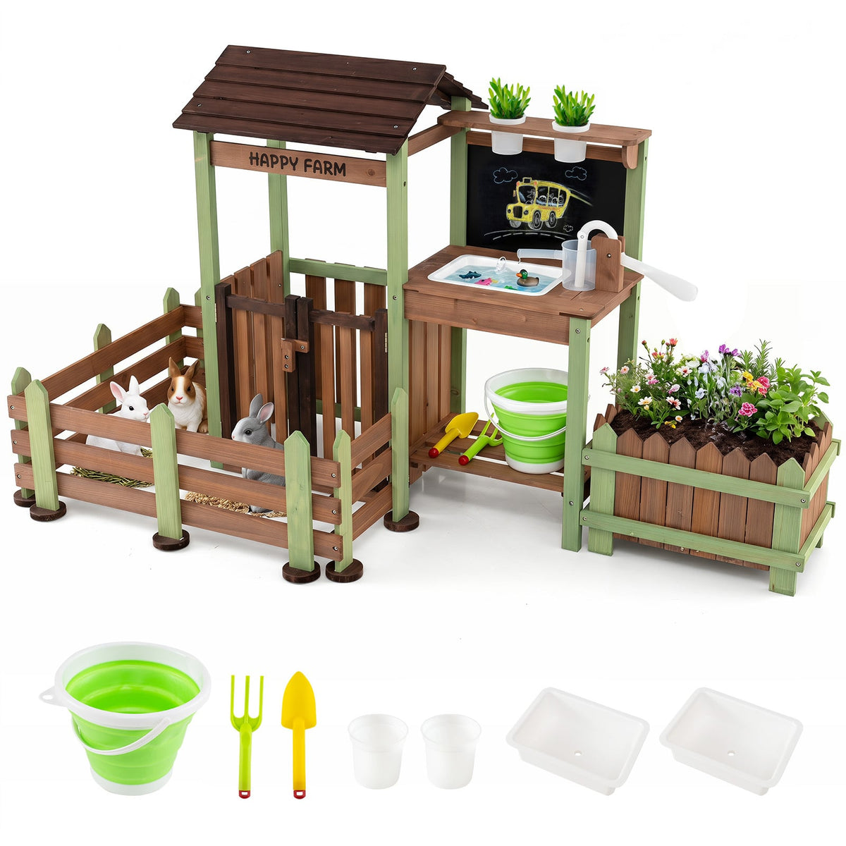 Outdoor Mud Farm Playset for Kids with raised planter box and real-work faucet, showing the whole product with accessories