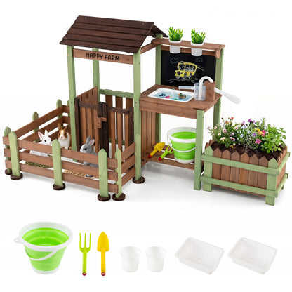 Outdoor Mud Farm Playset for Kids with raised planter box and real-work faucet, showing the whole product with accessories