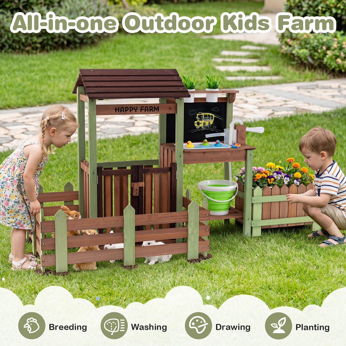 All-in-one outdoor kids farm with icons for breeding, washing, drawing and planting