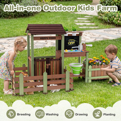 All-in-one outdoor kids farm with icons for breeding, washing, drawing and planting