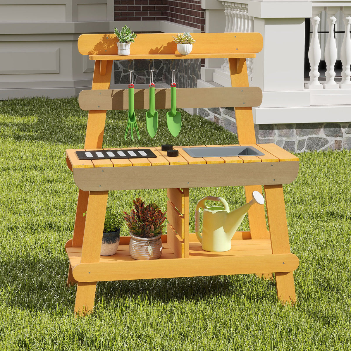 the outdoor play kitchen set with a watering can and plants in a garden setting