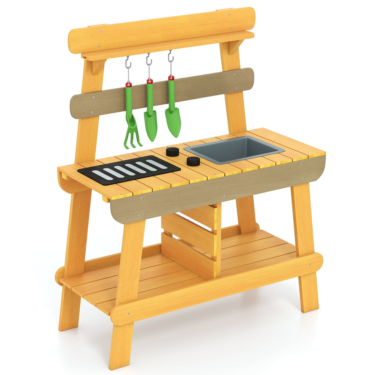 Outdoor Mud Kitchen for Kids Toddler Wood Pretend Play Kitchen-Yellow, a wooden play kitchen with a sink and hob