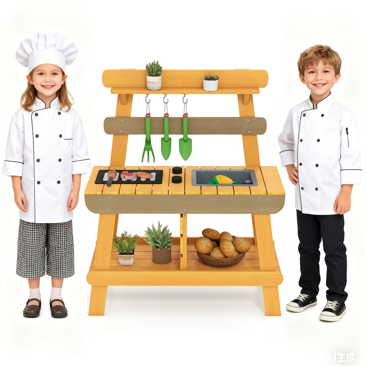the play kitchen set with two children dressed as chefs and a basket of bread
